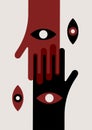 Vector illustration with silhouettes of touching hands and eyes.